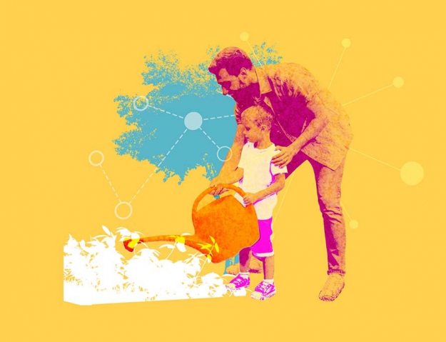 Illustration: A man helps a young child water some plants